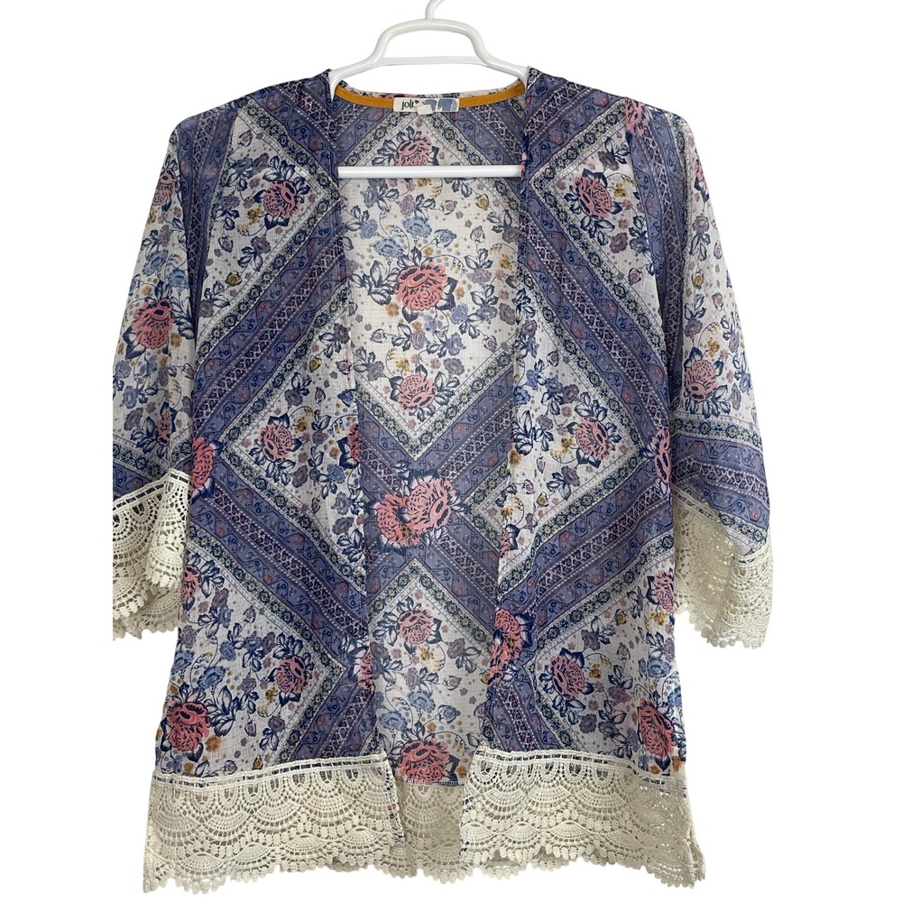 00762 Jolt Floral Print Kimono Cardigan Lace Trim Crochet Boho Festival Women XS